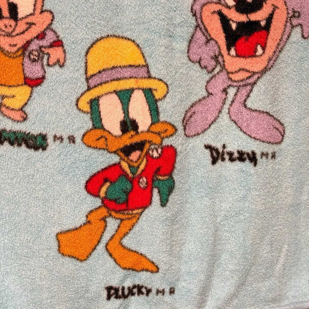 Vtg 90s Y2K Tiny Toons Rap it Up! plush blanket - blue Looney Tunes 53 x 45